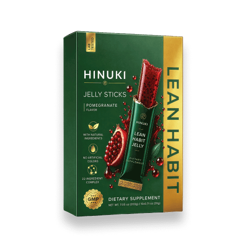1 pek Hinuki — kotak Lean Habit hijau dengan 10 stik jeli delima